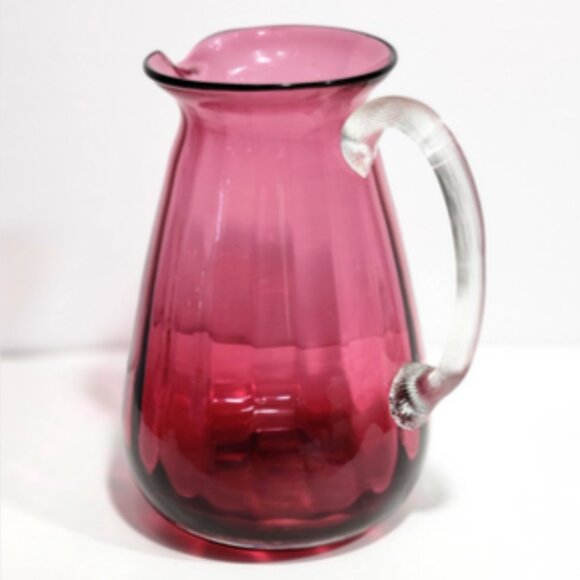 Hand-Blown Pilgrim Cranberry Style Glass Int Optic Ribbed 7" Pitcher Jug Vase - Picture 8 of 11